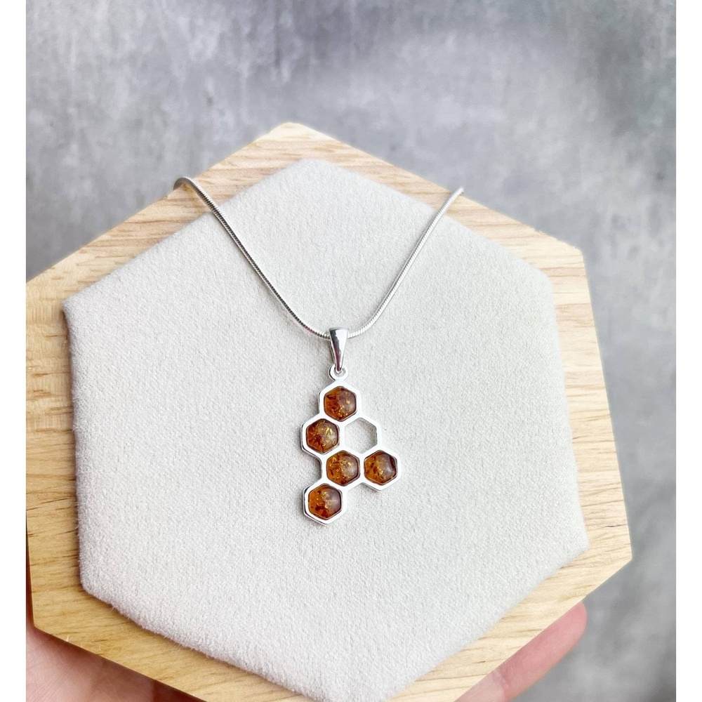 925 Sterling Silver & Genuine Baltic Amber Modern Honeycomb Pendant - GL2039
