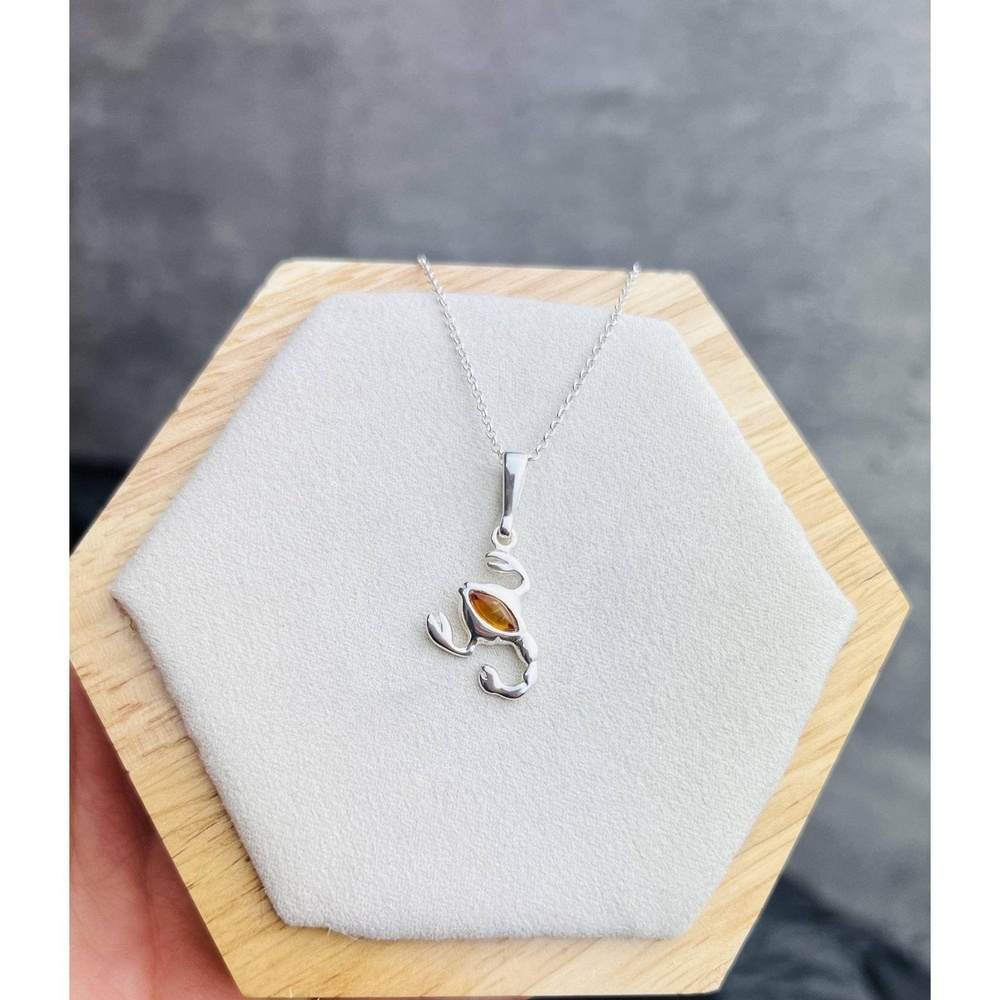 925 Sterling Silver & Genuine Baltic Amber Classic Scorpio Pendant - K278