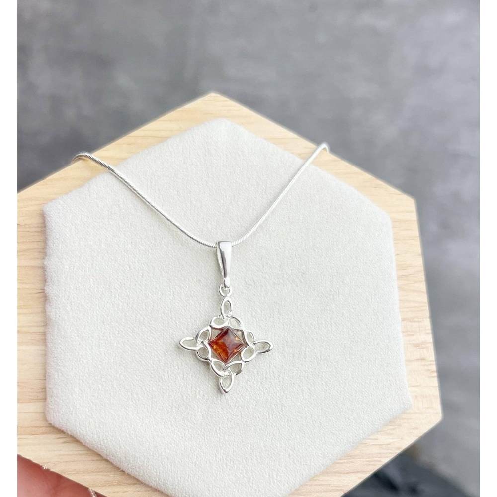 925 Sterling Silver & Genuine Baltic Amber Modern Cross Pendant - K236