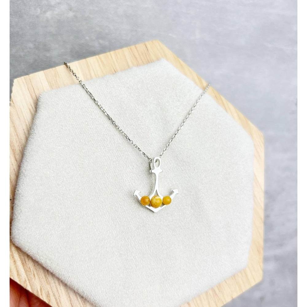 925 Sterling Silver & Genuine Baltic Amber Classic Anchor Pendant -669