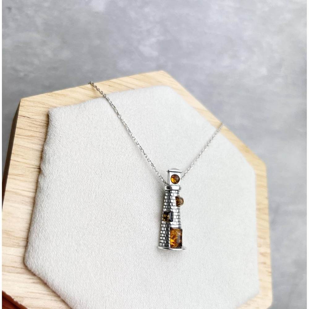 925 Sterling Silver & Genuine Baltic Amber Lighthouse-542
