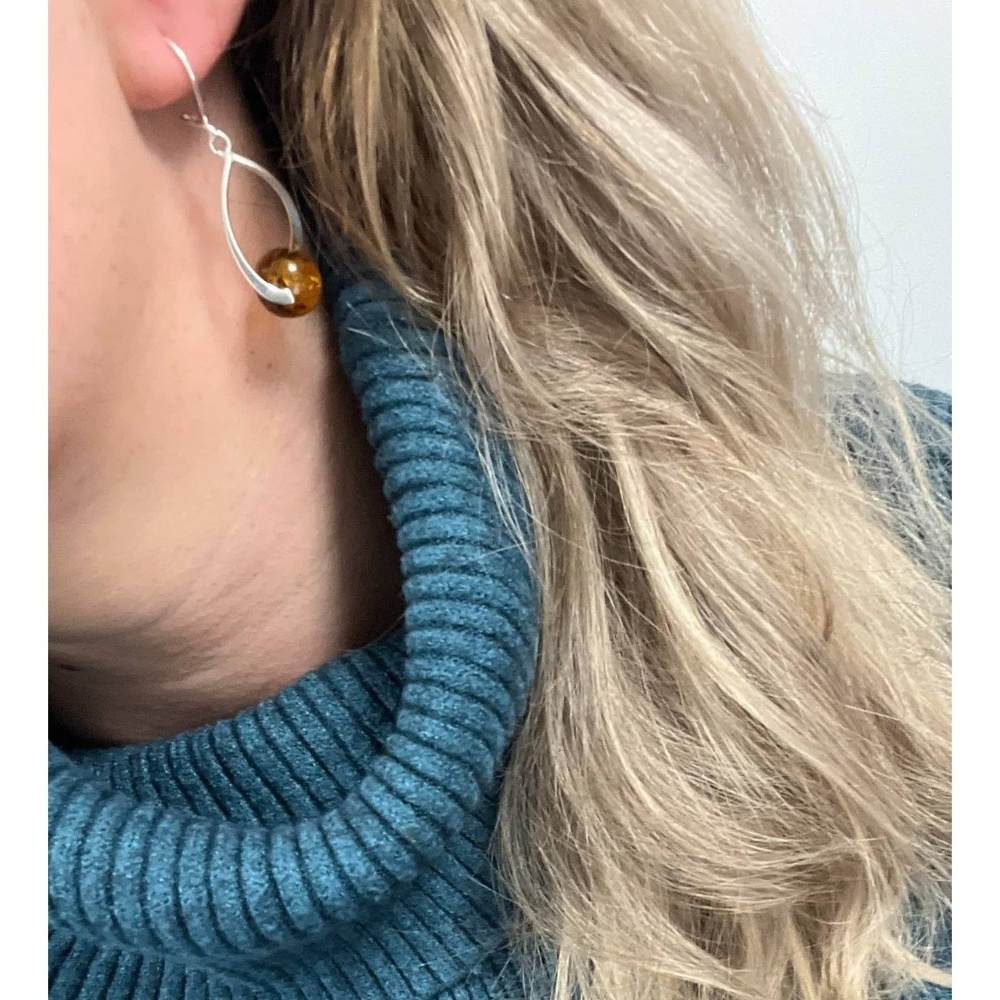 925 Sterling Silver & Genuine Baltic Amber Elegant Drop Dangling Earrings - TBE1