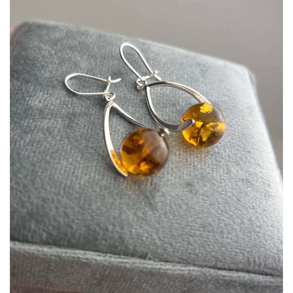 925 Sterling Silver & Genuine Baltic Amber Elegant Drop Dangling Earrings - TBE1