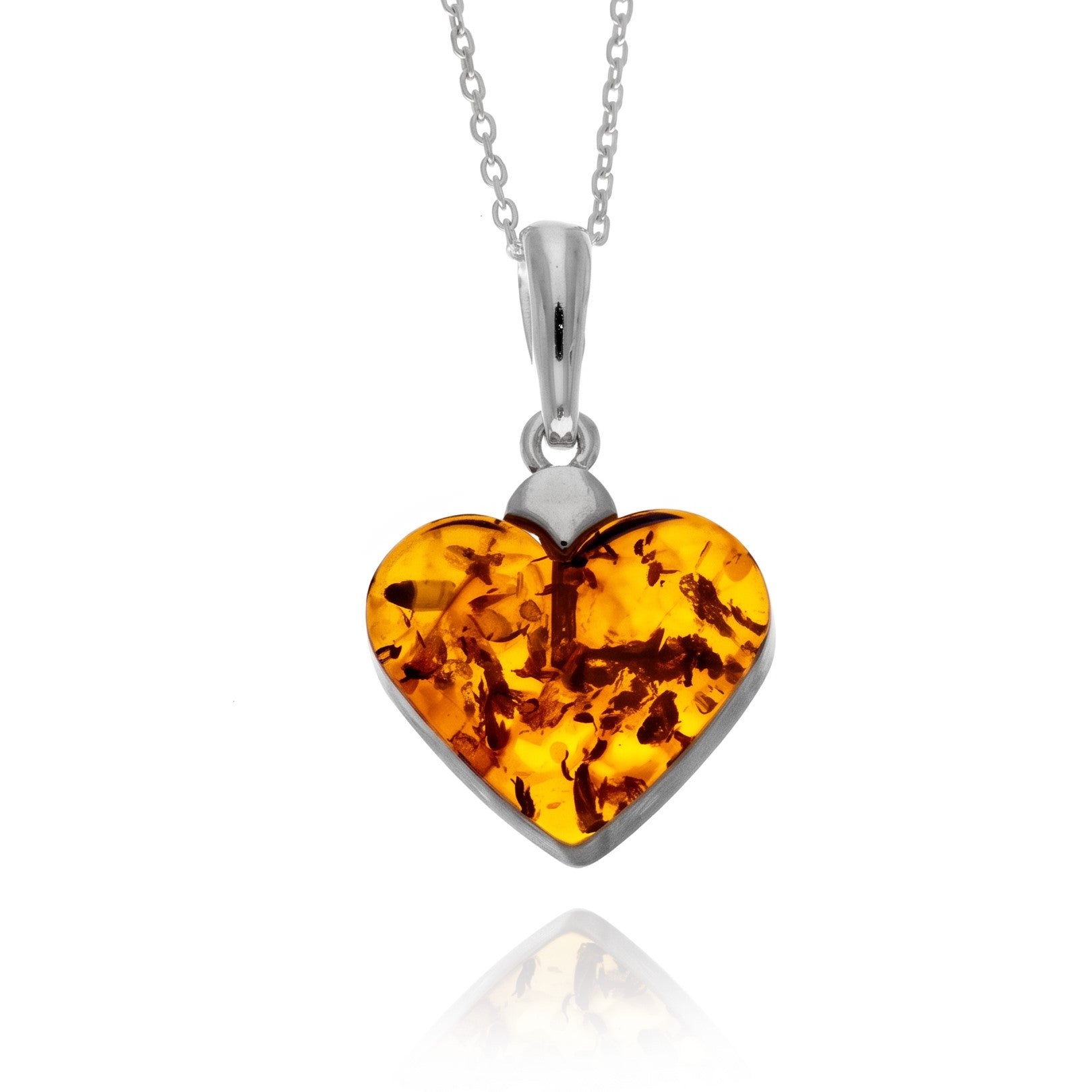 925 Sterling Silver & Genuine Baltic Amber Classic Flat Heart Pendant - AP27