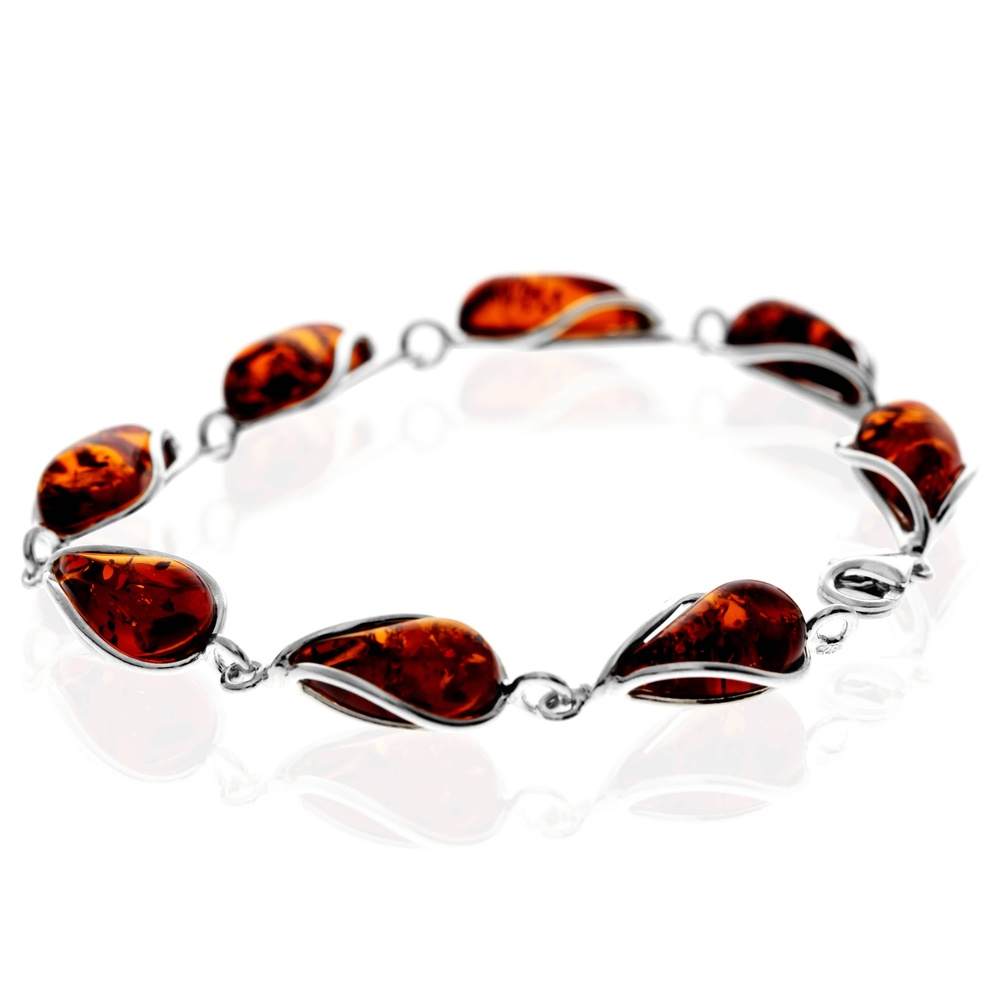 925 Sterling Silver & Genuine Baltic Amber Modern Link Bracelet - G501