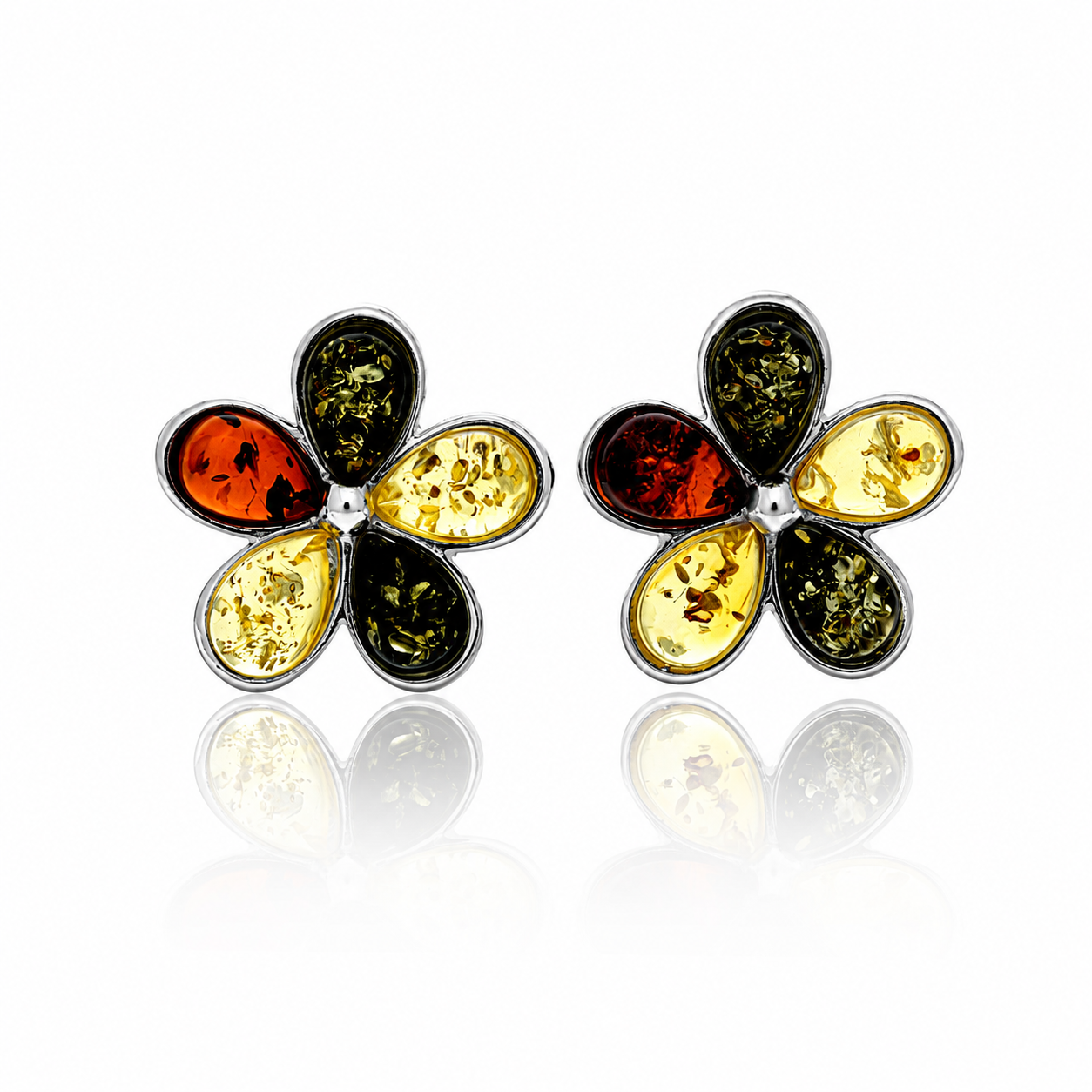 925 Sterling Silver & Genuine Baltic Amber Flowers Studs Earrings - 5267