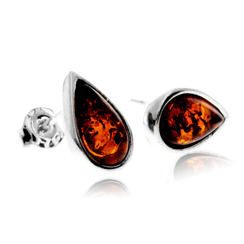 925 Sterling Silver & Genuine Baltic Amber Teardrop Shape Studs Earrings - GL600