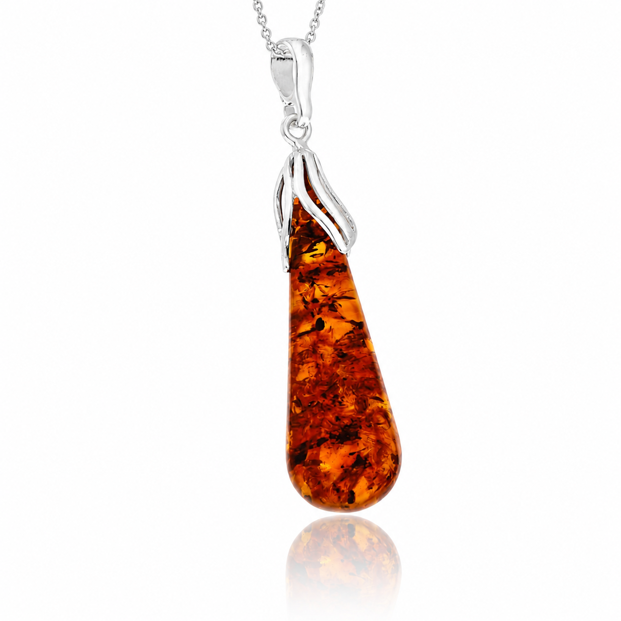925 Sterling Silver & Genuine Baltic Amber Large Modern Exclusive Pendant - AP26