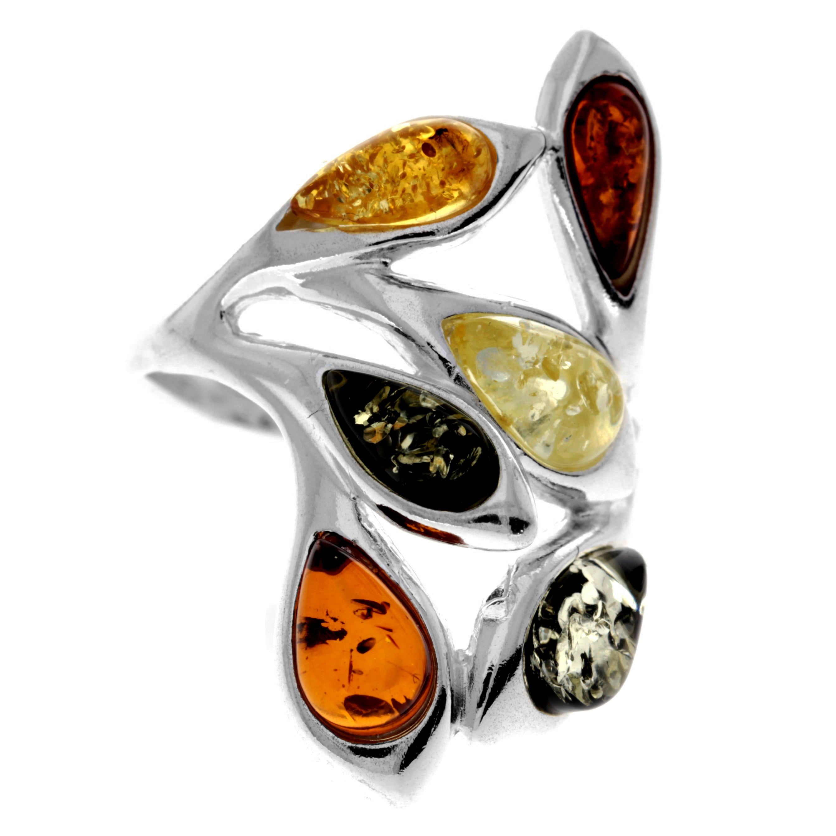 925 Sterling Silver & Baltic Amber Modern Multi-stone Ring - 7334