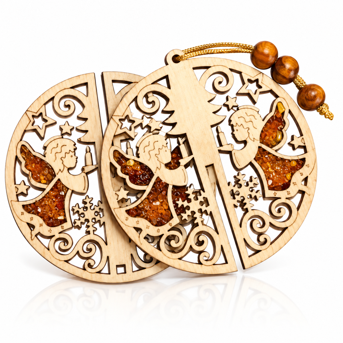 Wooden Christmas Tree Hanging Decoration with Natural Baltic Amber – LSUV7