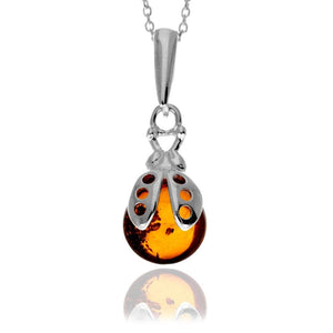 925 Sterling Silver & Genuine Baltic Amber Classic Ladybird Pendant - GL2067