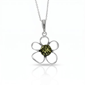925 Sterling Silver & Genuine Baltic Amber Flower Exclusive Pendant - 766