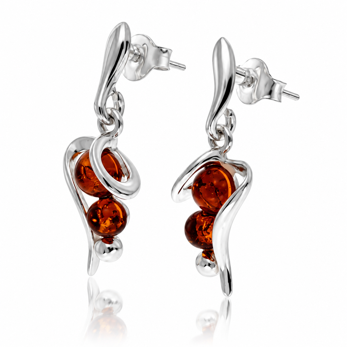 925 Sterling Silver & Genuine Baltic Amber Modern Multistone Drop Earrings - GL1063
