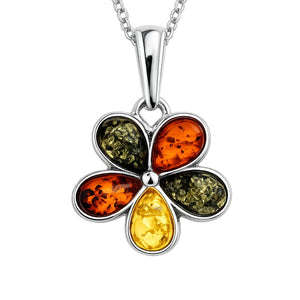 925 Sterling Silver & Genuine Teardrop Baltic Amber Multi Stones Classic Pendant - 1665
