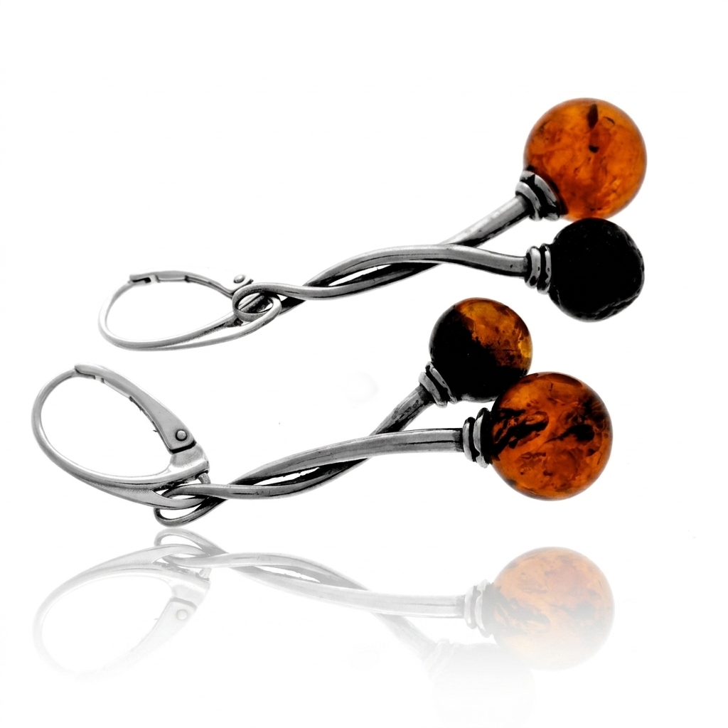 925 Sterling Silver & Genuine Baltic Amber Natural Ball Drop Earrings - J012