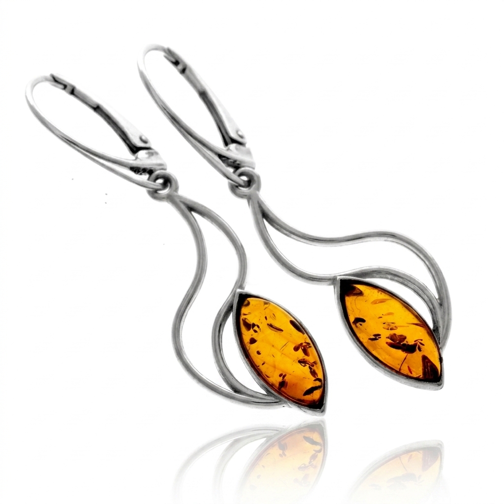 925 Sterling Silver & Genuine Baltic Amber Modern Large Drop Earrings - J013C