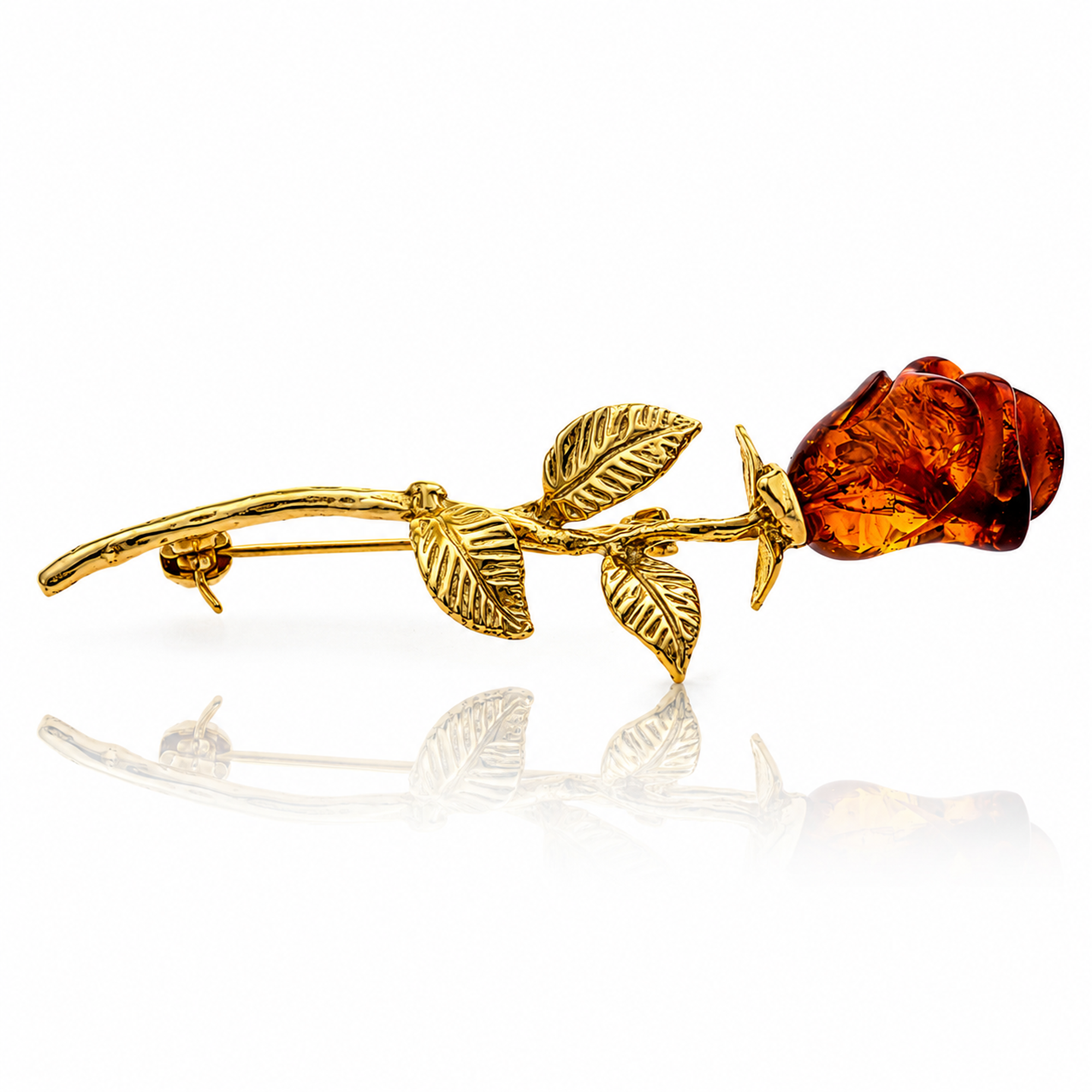 Gold-Plated Over 925 Sterling Silver & Genuine Baltic Amber Hand Carved Exclusive Rose Brooch - BR1G