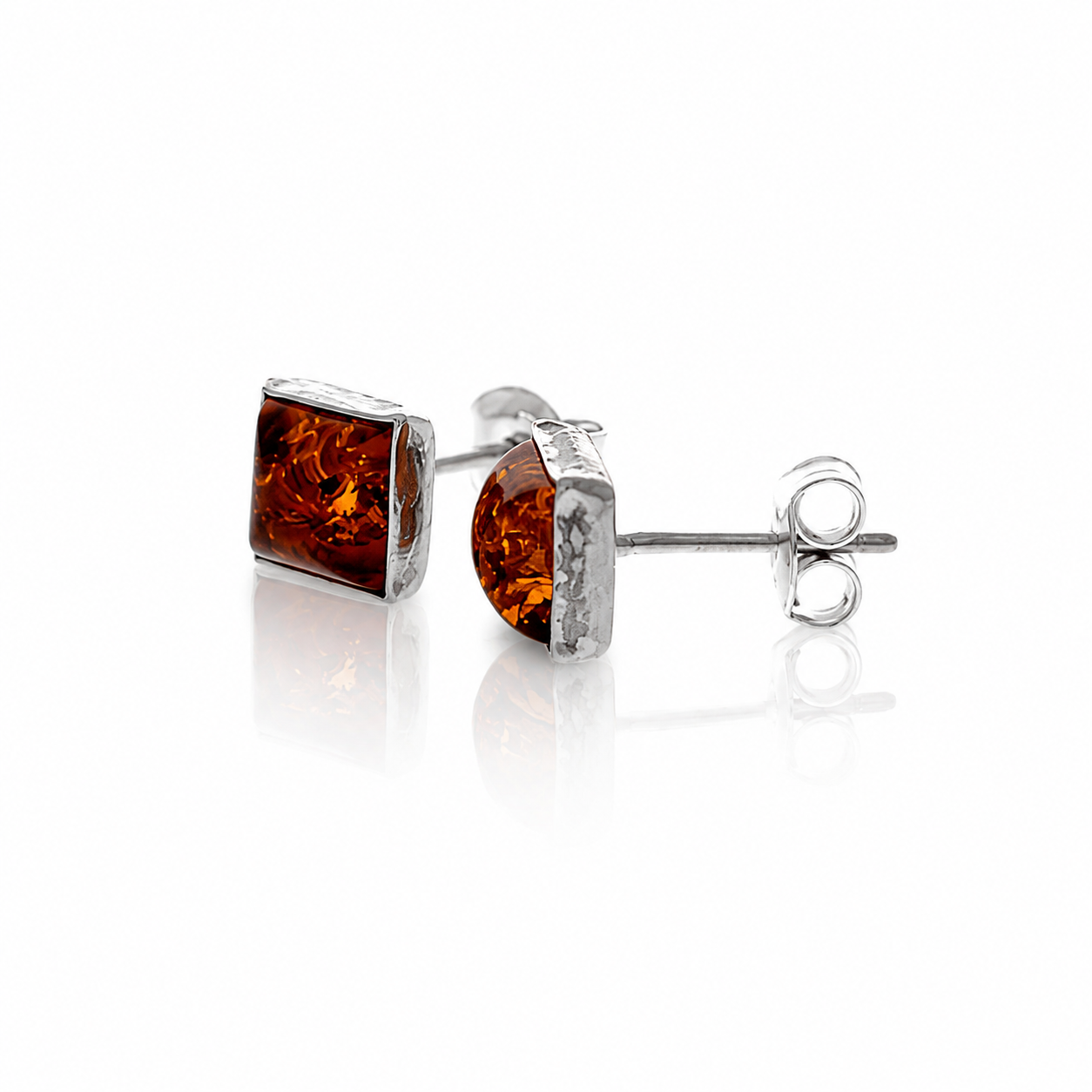 Gold Plated over 925 Sterling Silver & Genuine Baltic Amber Classic Square Studs Earrings - J009