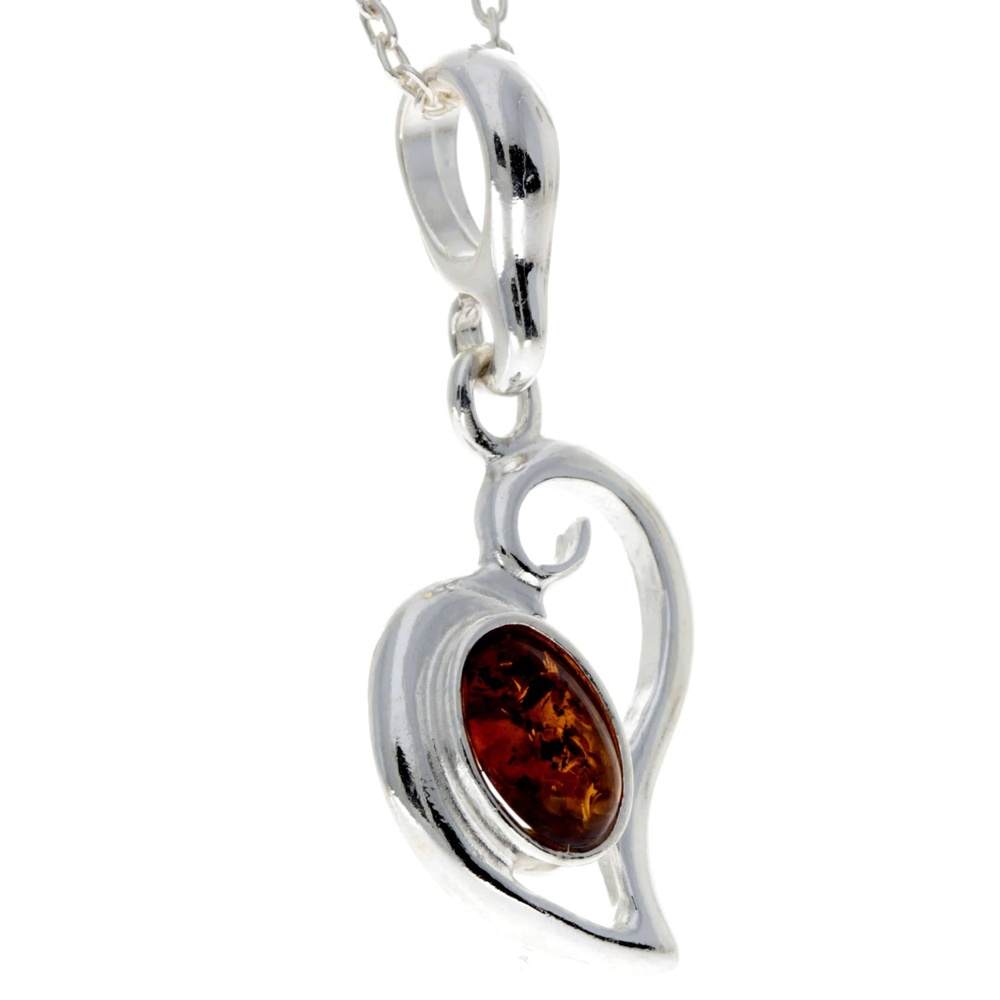 925 Sterling Silver & Genuine Baltic Amber Classic Heart Pendant - 1560