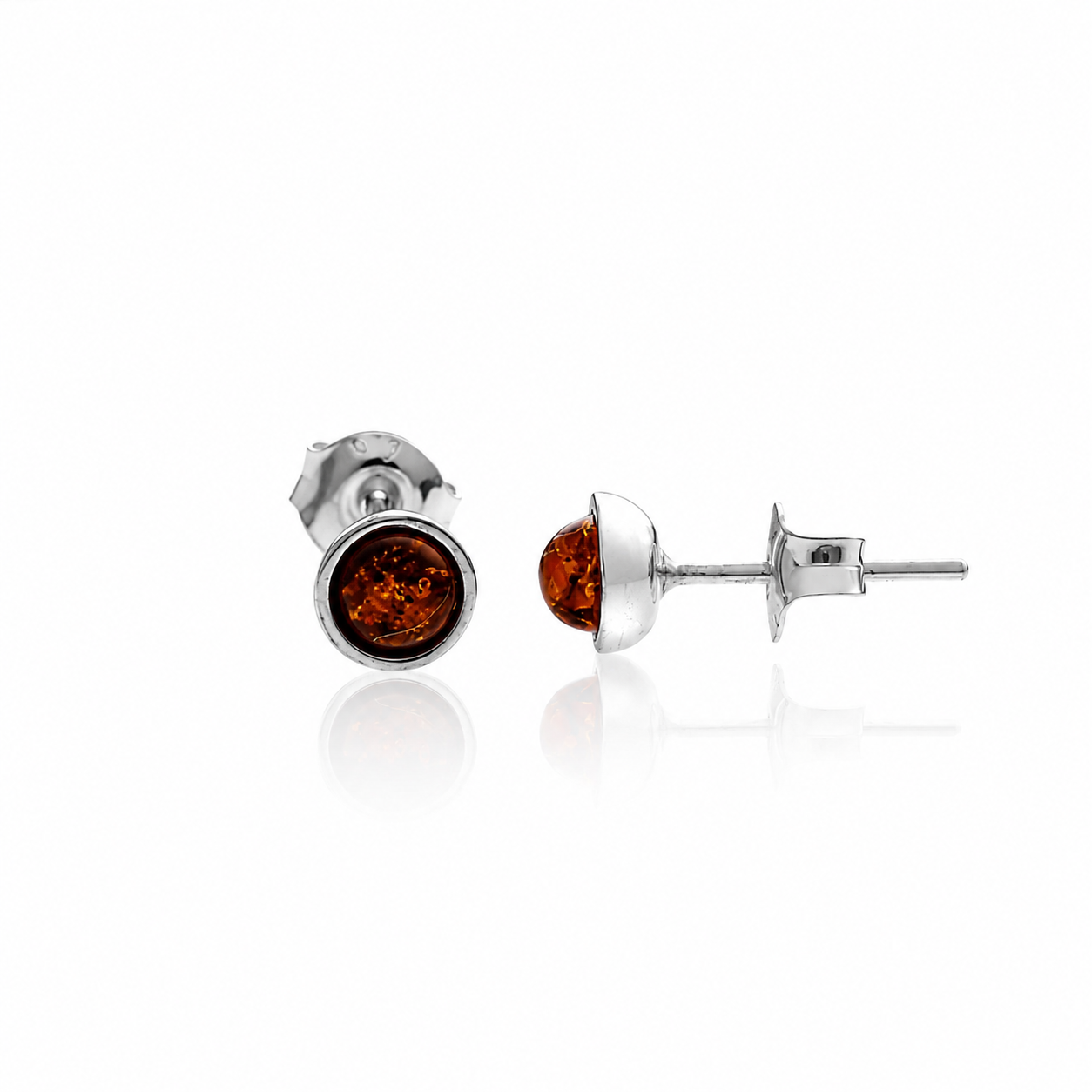 925 Sterling Silver & Genuine Baltic Amber Classic Round Studs Earrings - J010