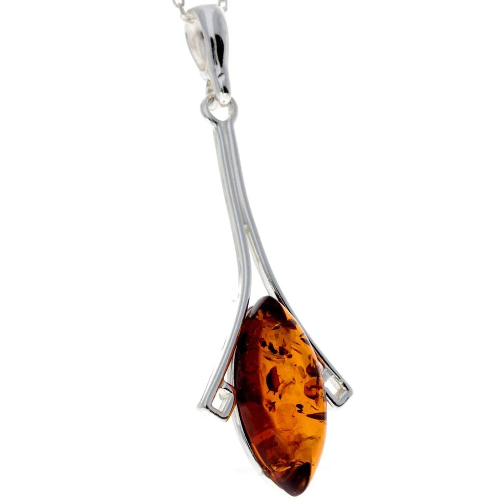 925 Sterling Silver & Genuine Baltic Amber Modern Pendant - 1705