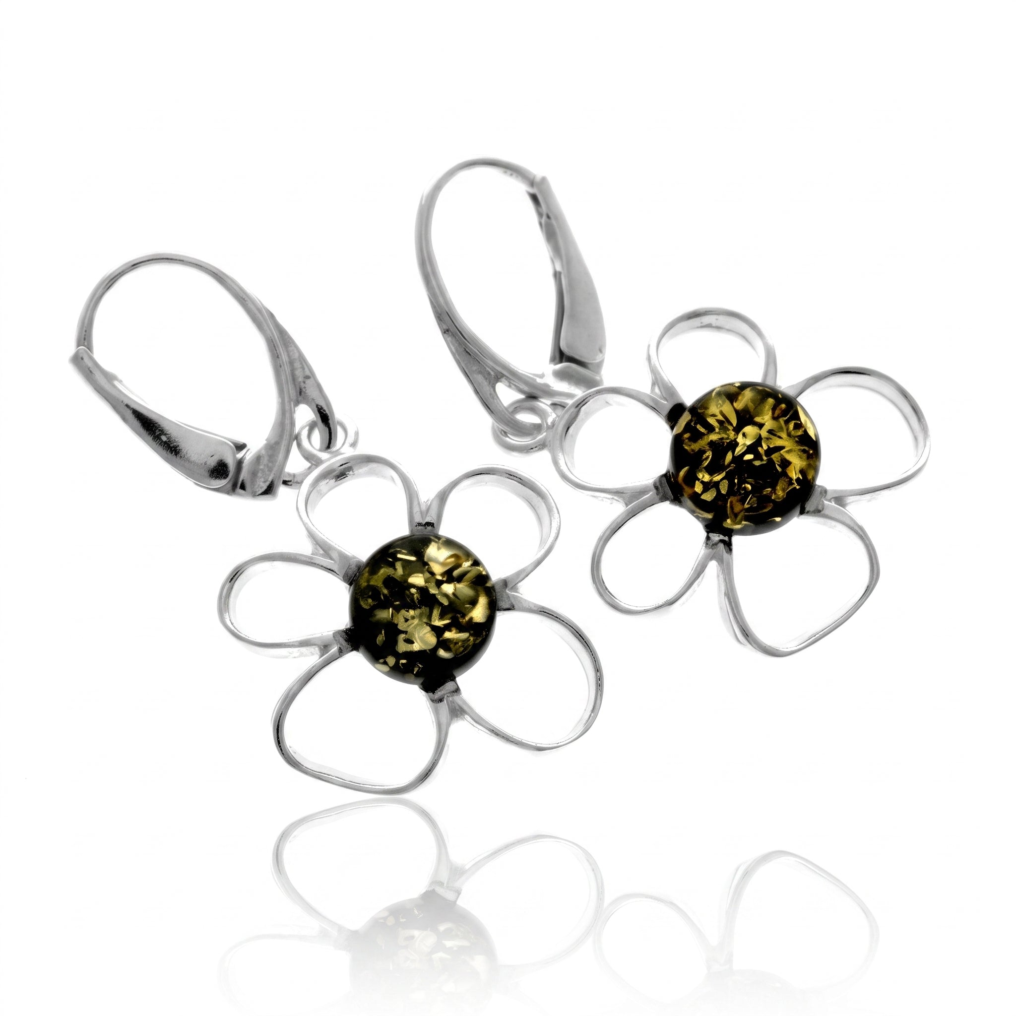 925 Sterling Silver & Genuine Baltic Amber Flowers Drop Earrings - AE33