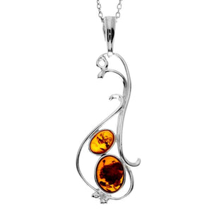925 Sterling Silver & Genuine Baltic Amber 2 Stones Classic Pendant - 1911