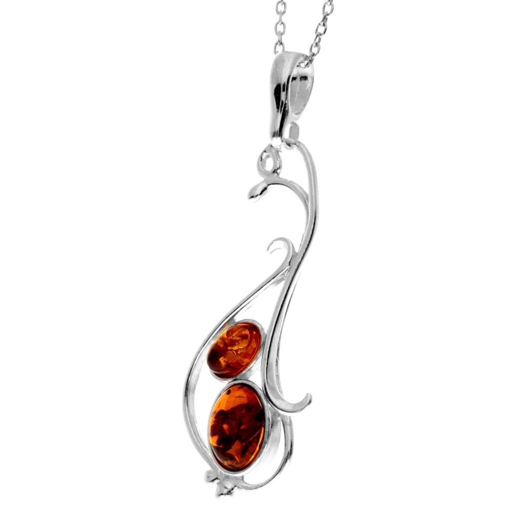 925 Sterling Silver & Genuine Baltic Amber 2 Stones Classic Pendant - 1911