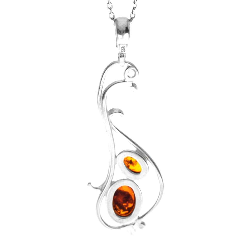 925 Sterling Silver & Genuine Baltic Amber 2 Stones Classic Pendant - 1911