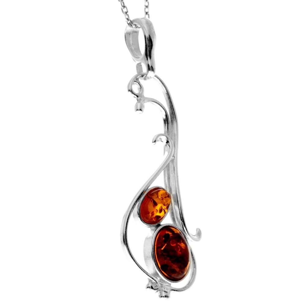 925 Sterling Silver & Genuine Baltic Amber 2 Stones Classic Pendant - 1911