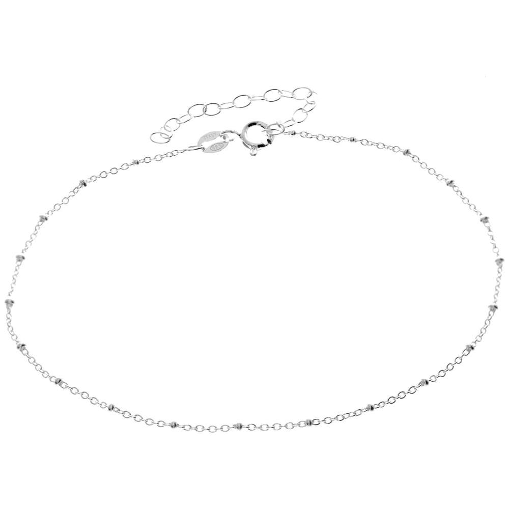 925 Sterling Silver Anti-Tarnish Plated Plain Anklet Bracelet Silver Beads with extender - GA-ANK1