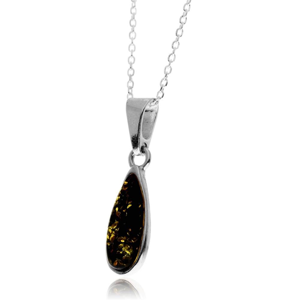 925 Sterling Silver & Genuine Baltic Amber Modern Teardrop Pendant - G236