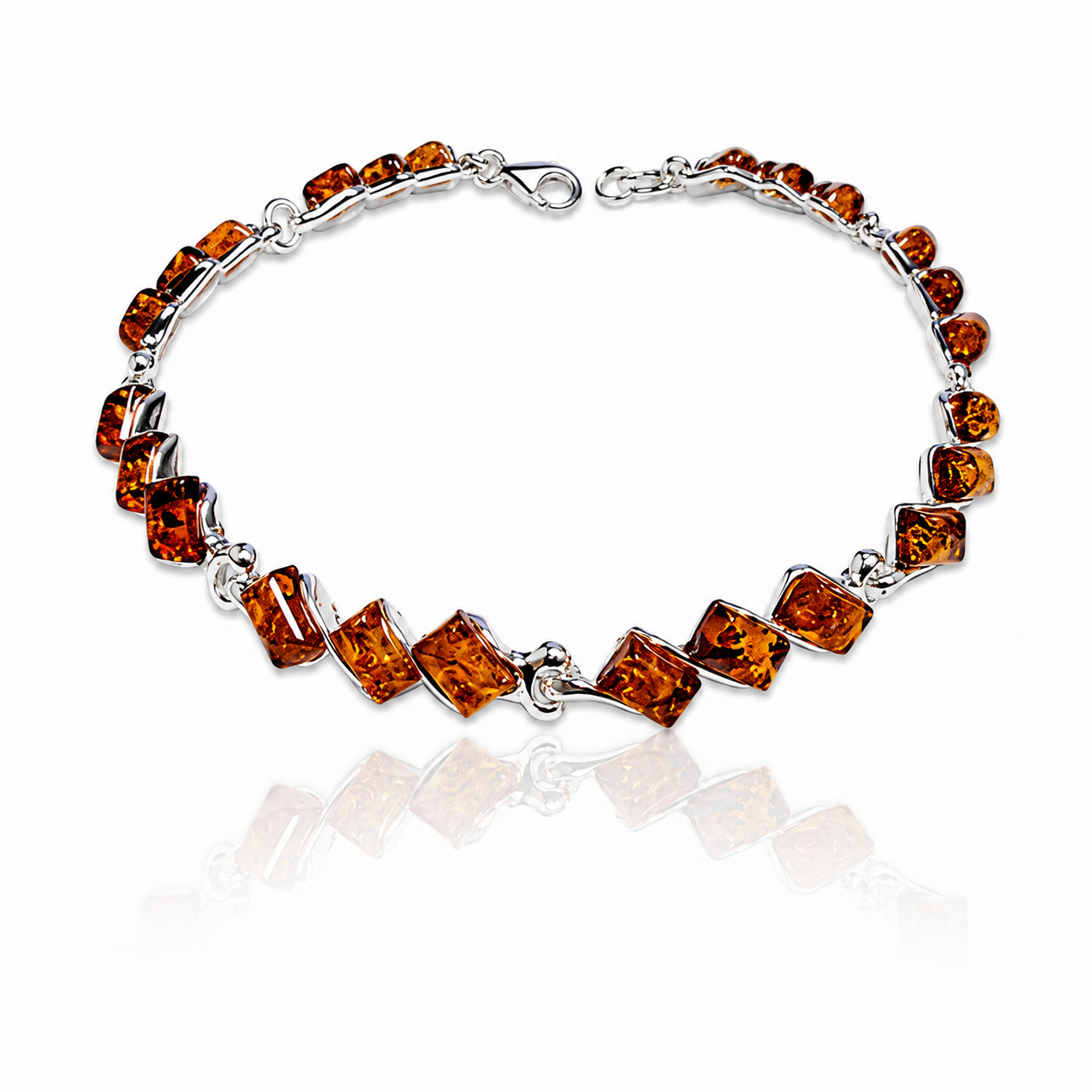925 Sterling Silver & Genuine Baltic Amber Square Exclusive Link Bracelet - 2102