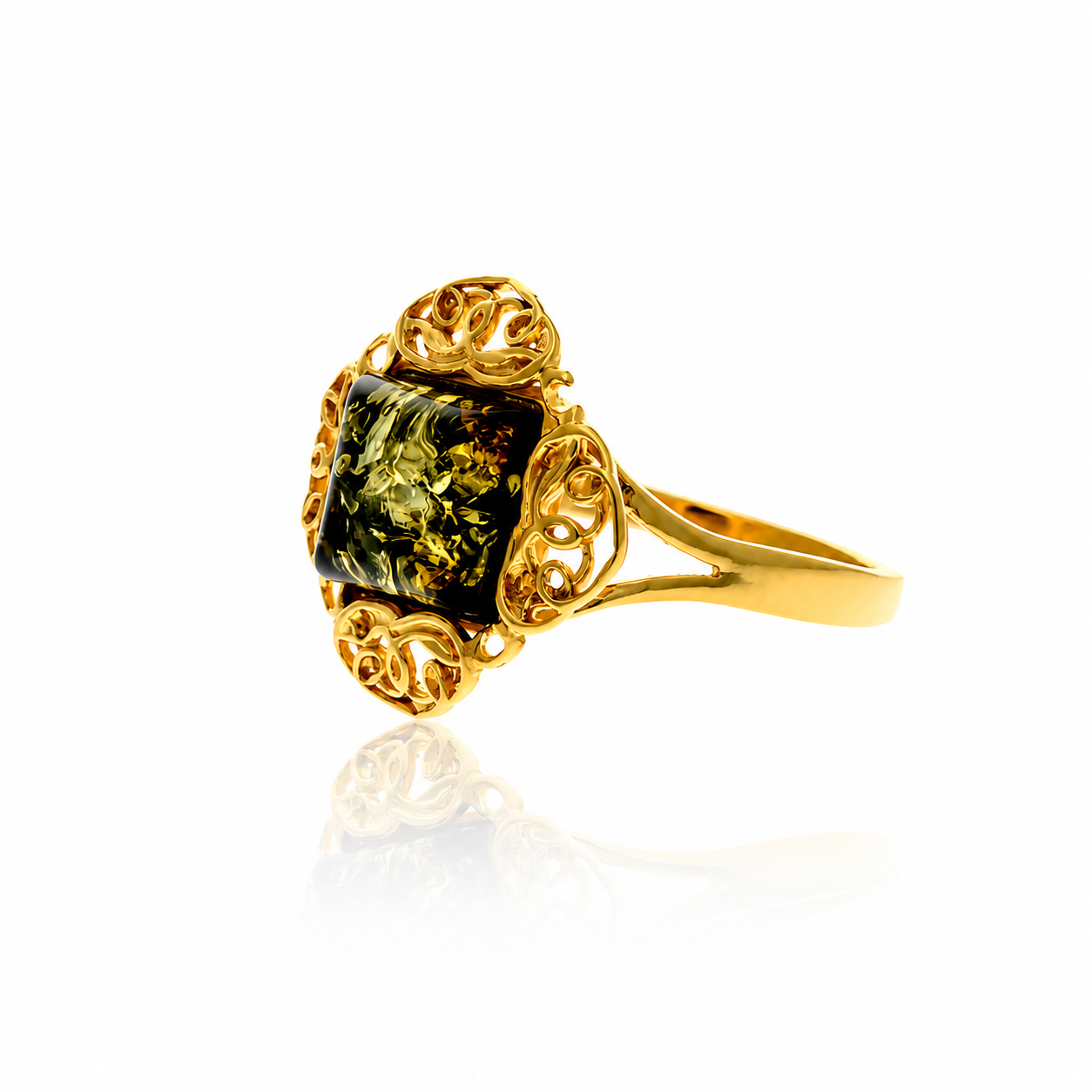 Gold-Plated Over 925 Sterling Silver & Genuine Square Baltic Amber Classic Designer Ring - 7599G