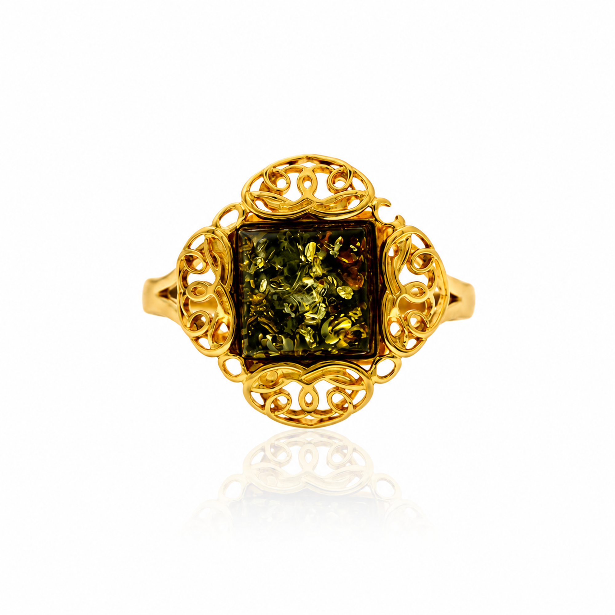 Gold-Plated Over 925 Sterling Silver & Genuine Square Baltic Amber Classic Designer Ring - 7599G