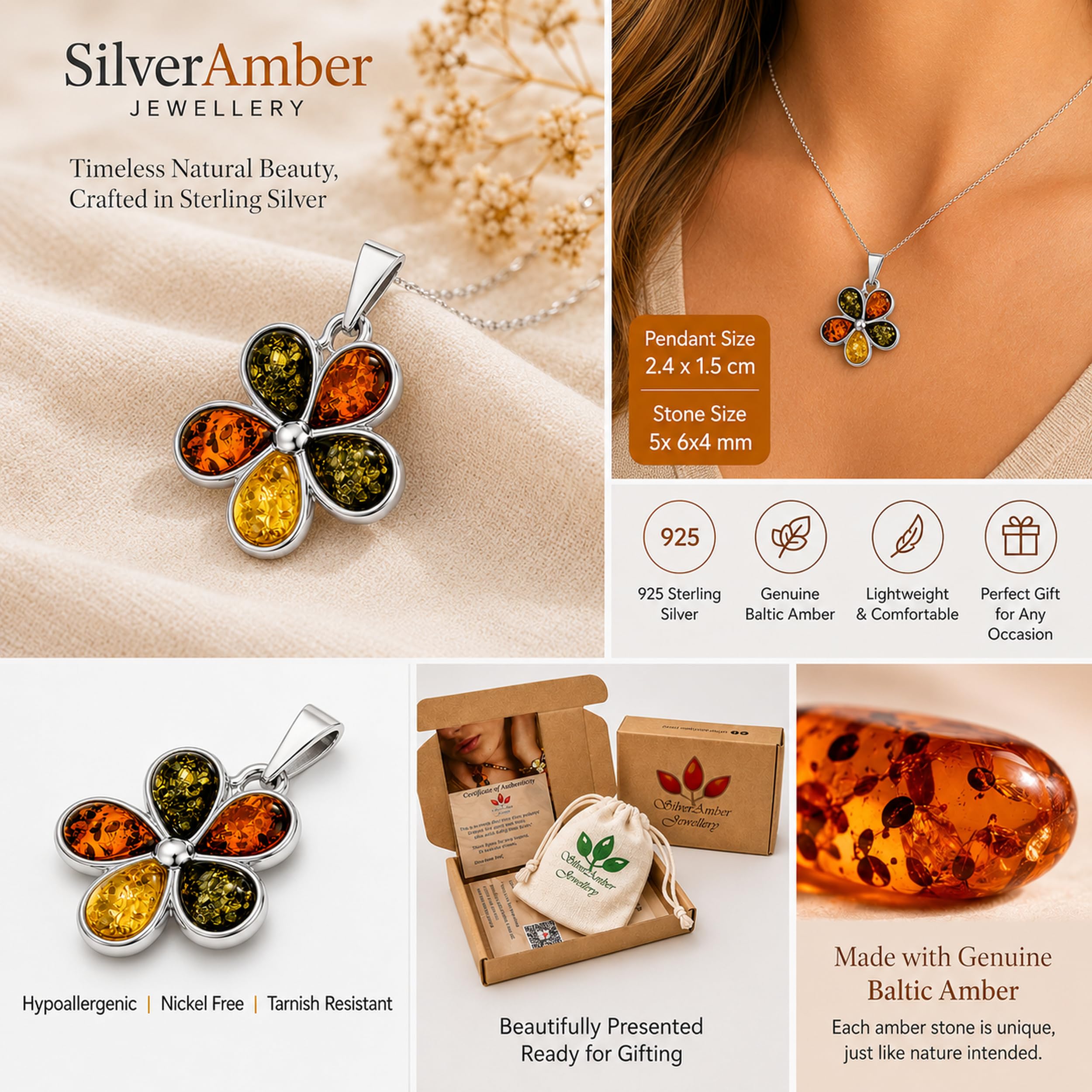 925 Sterling Silver & Genuine Teardrop Baltic Amber Multi Stones Classic Pendant - 1665
