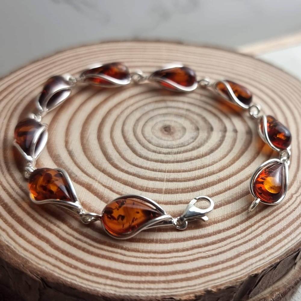 925 Sterling Silver & Genuine Baltic Amber Modern Link Bracelet - G501