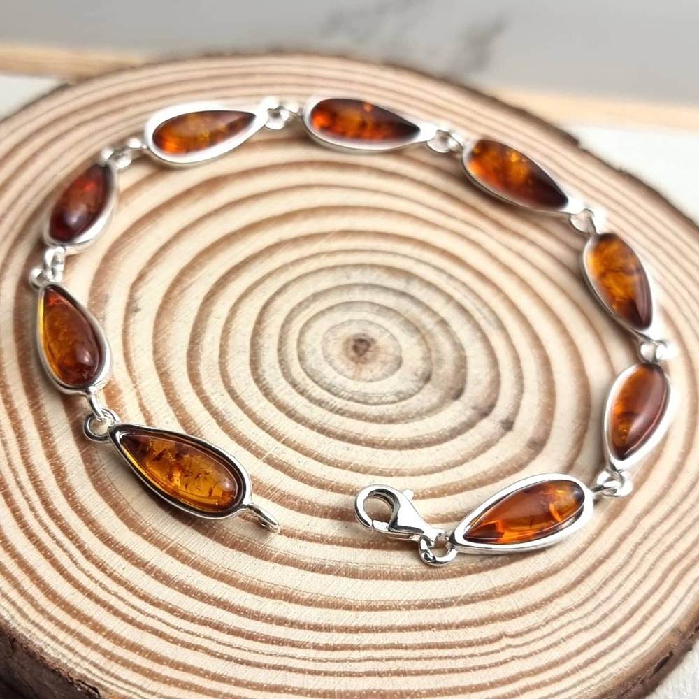 925 Sterling Silver & Genuine Baltic Amber Classic Link Bracelet - G502