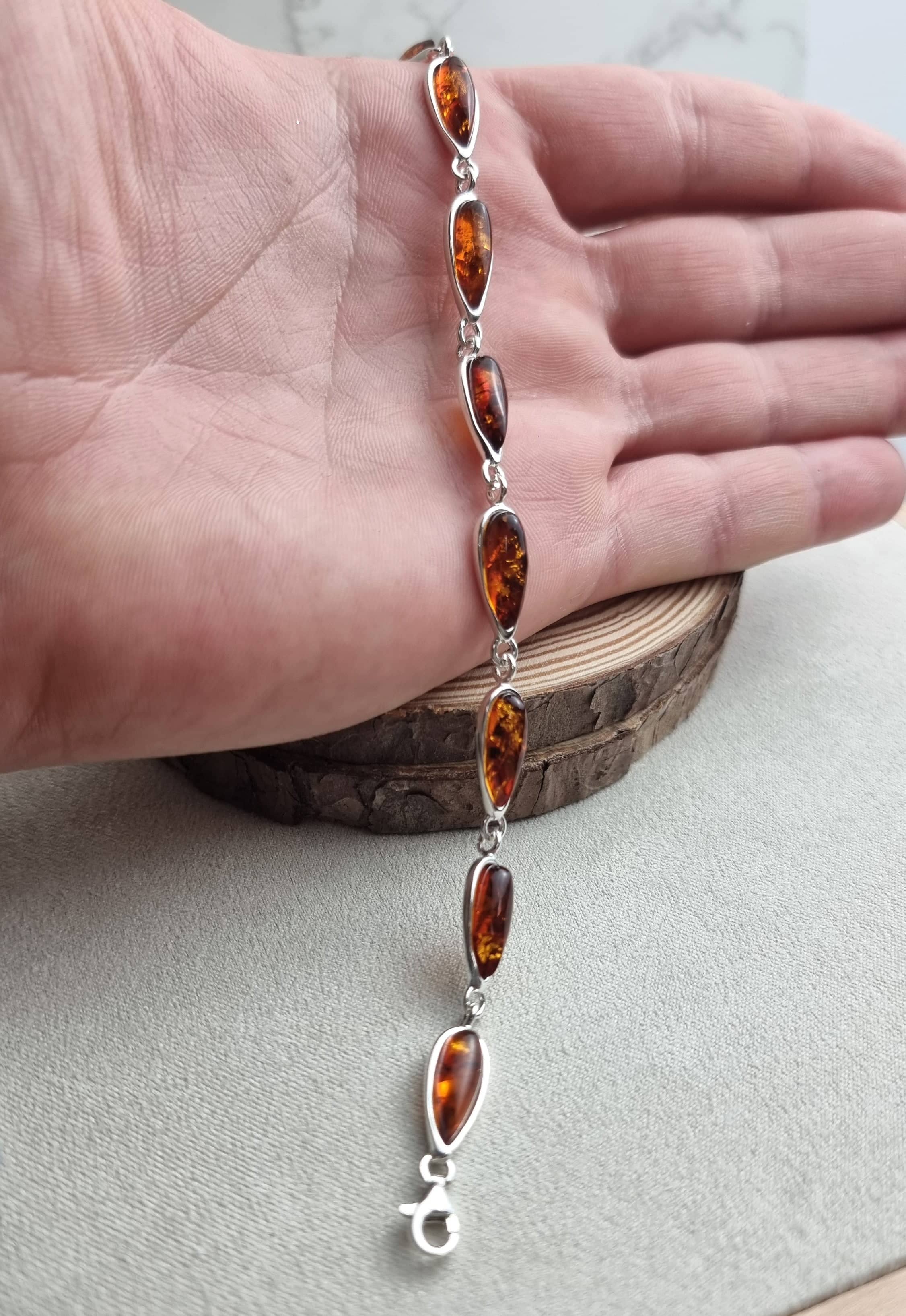 925 Sterling Silver & Genuine Baltic Amber Classic Link Bracelet - G502