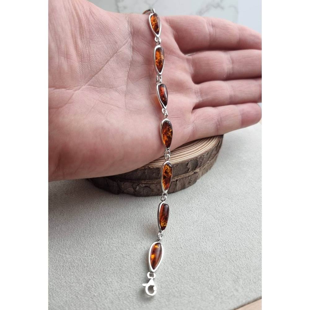 925 Sterling Silver & Genuine Baltic Amber Classic Link Bracelet - G502