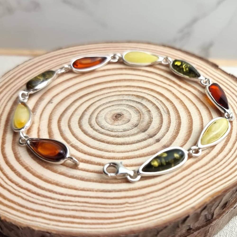 925 Sterling Silver & Genuine Baltic Amber Classic Link Bracelet - G502