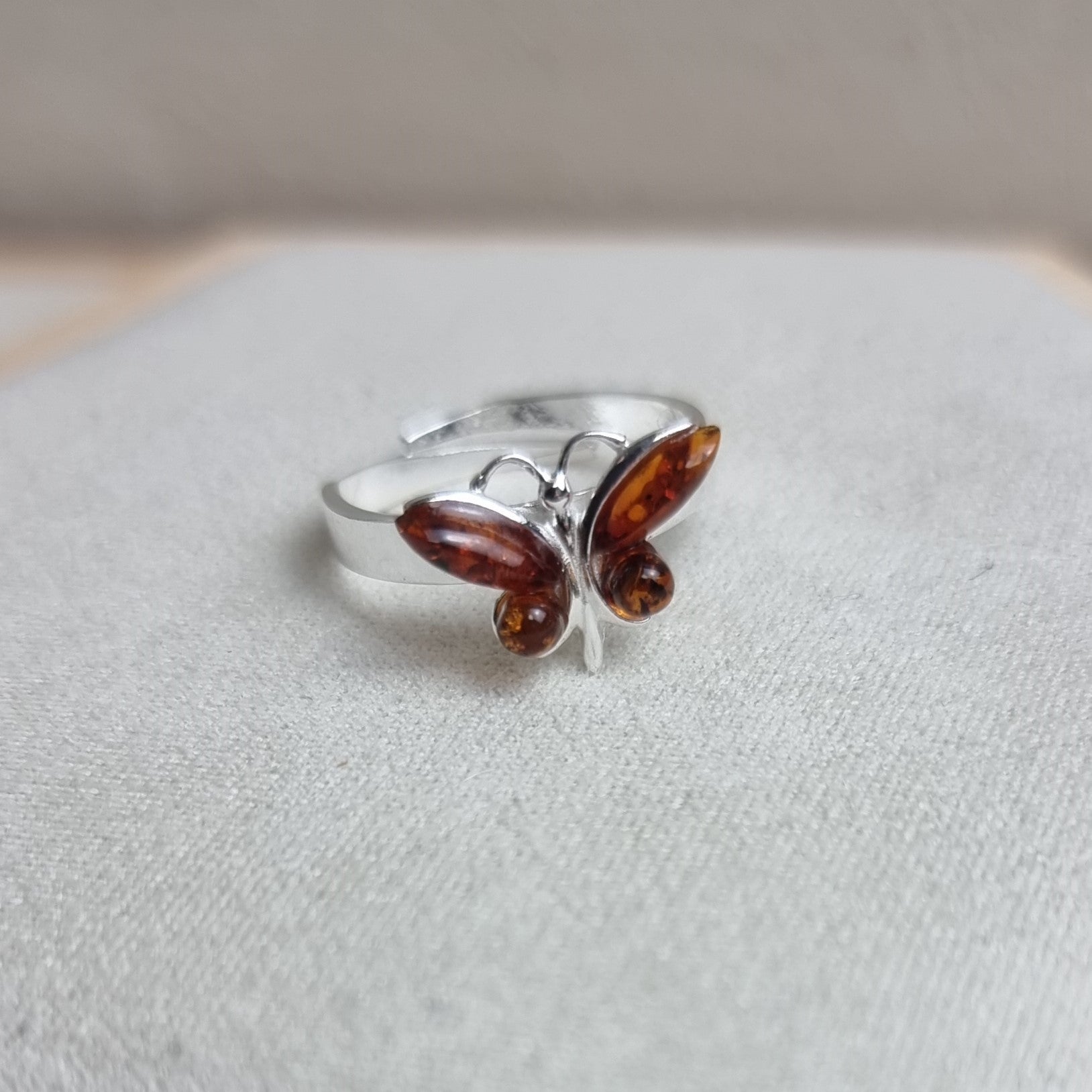 925 Sterling Silver & Genuine Baltic Amber Butterfly Adjustable Ring - AR15