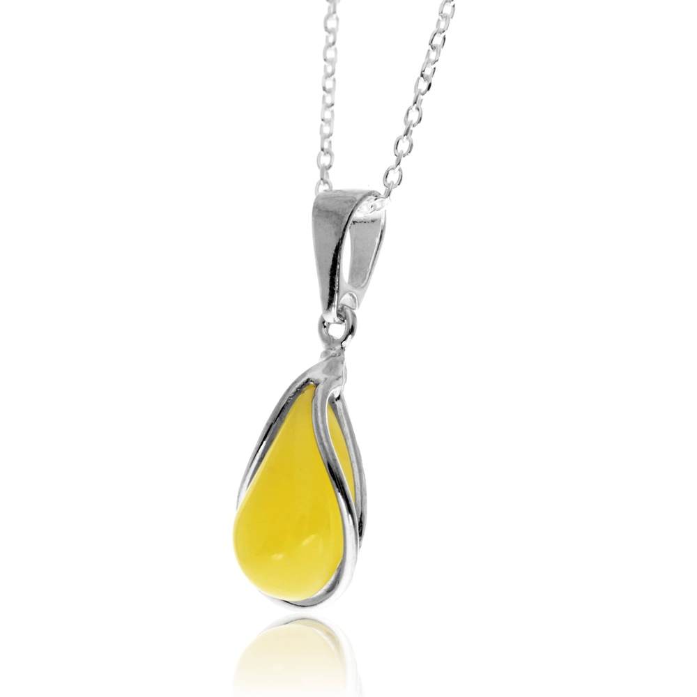 925 Sterling Silver & Genuine Baltic Amber Modern Teardrop Pendant - G235