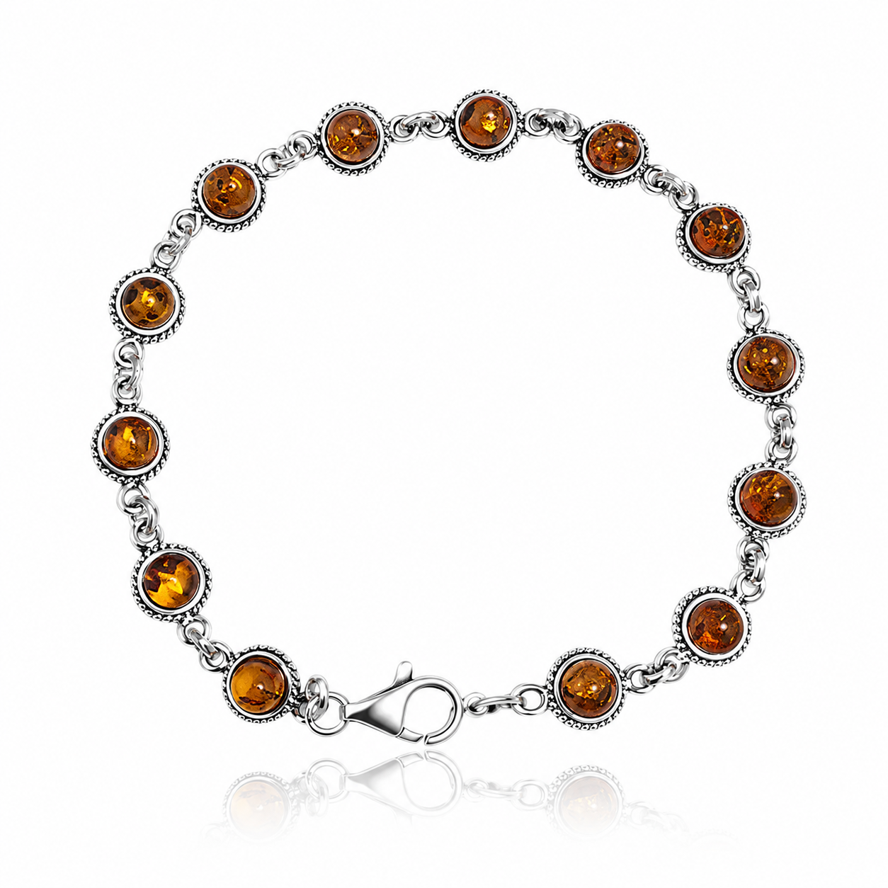 925 Sterling Silver & Genuine Baltic Amber Round Classic Link Bracelet - 3379
