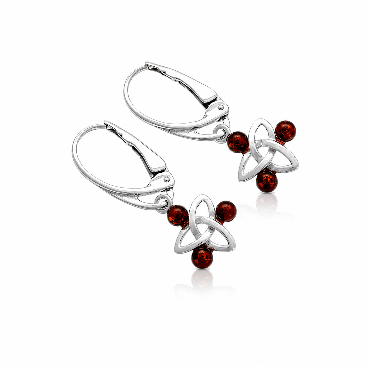 925 Sterling Silver & Genuine Baltic Amber Classic Celtic Drop Earrings - AE2FH