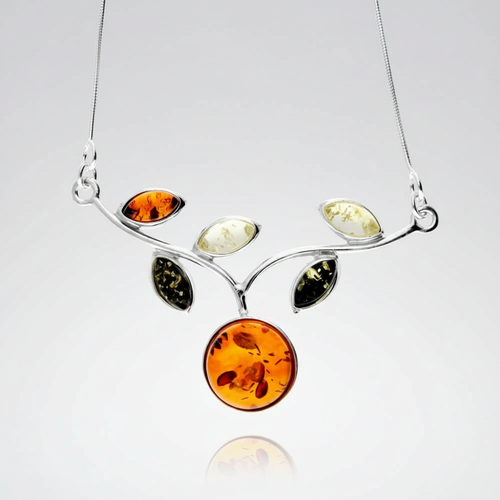 925 Sterling Silver & Genuine Baltic Amber Multi-stone Necklace - 6136