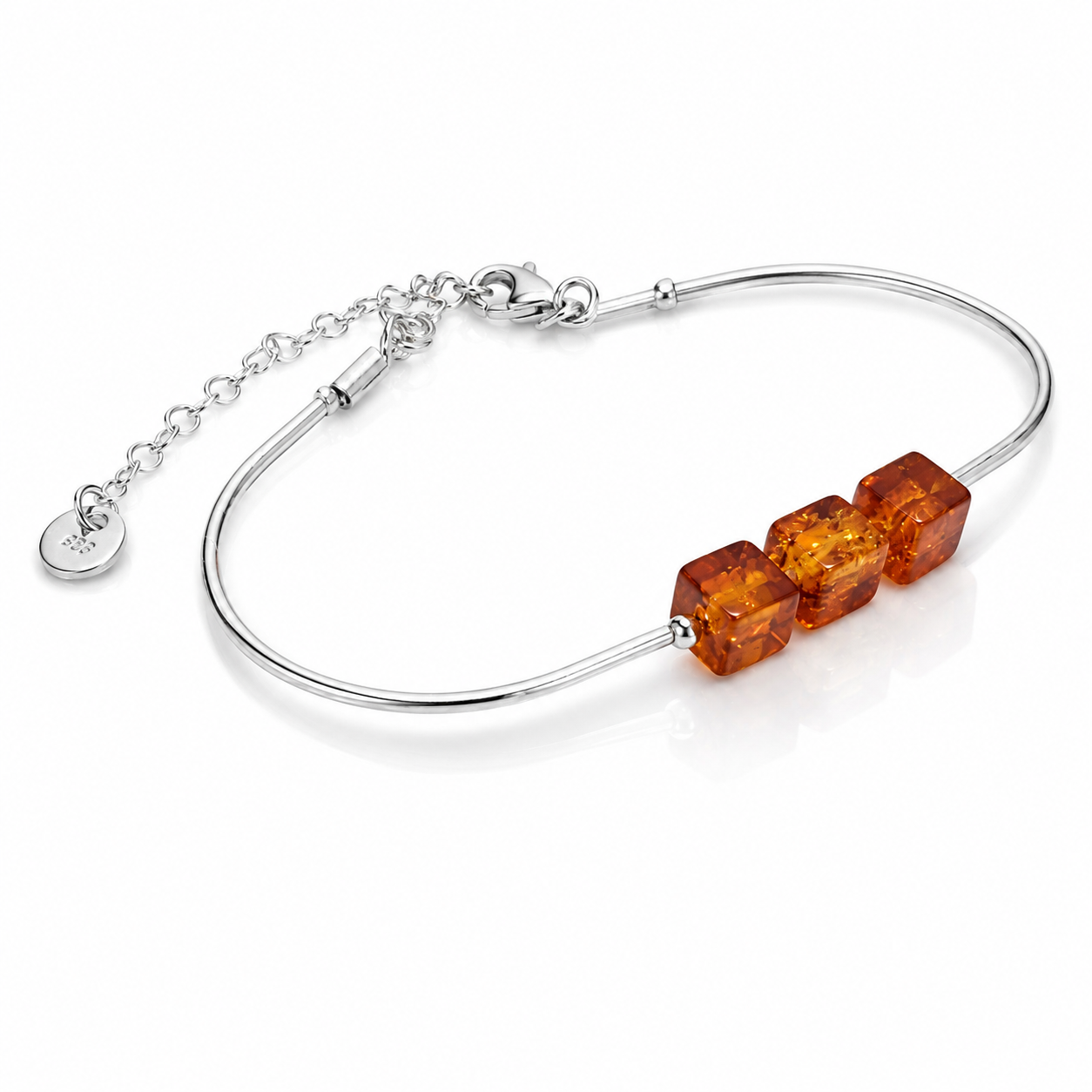 925 Sterling Silver & Genuine Baltic Amber Adjustable Cube Bracelet – J505