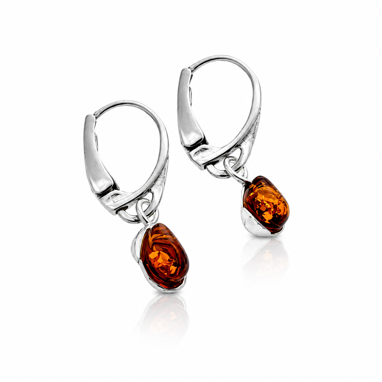 925 Sterling Silver & Genuine Baltic Amber Classic Teardrop Drop Earrings - 8614