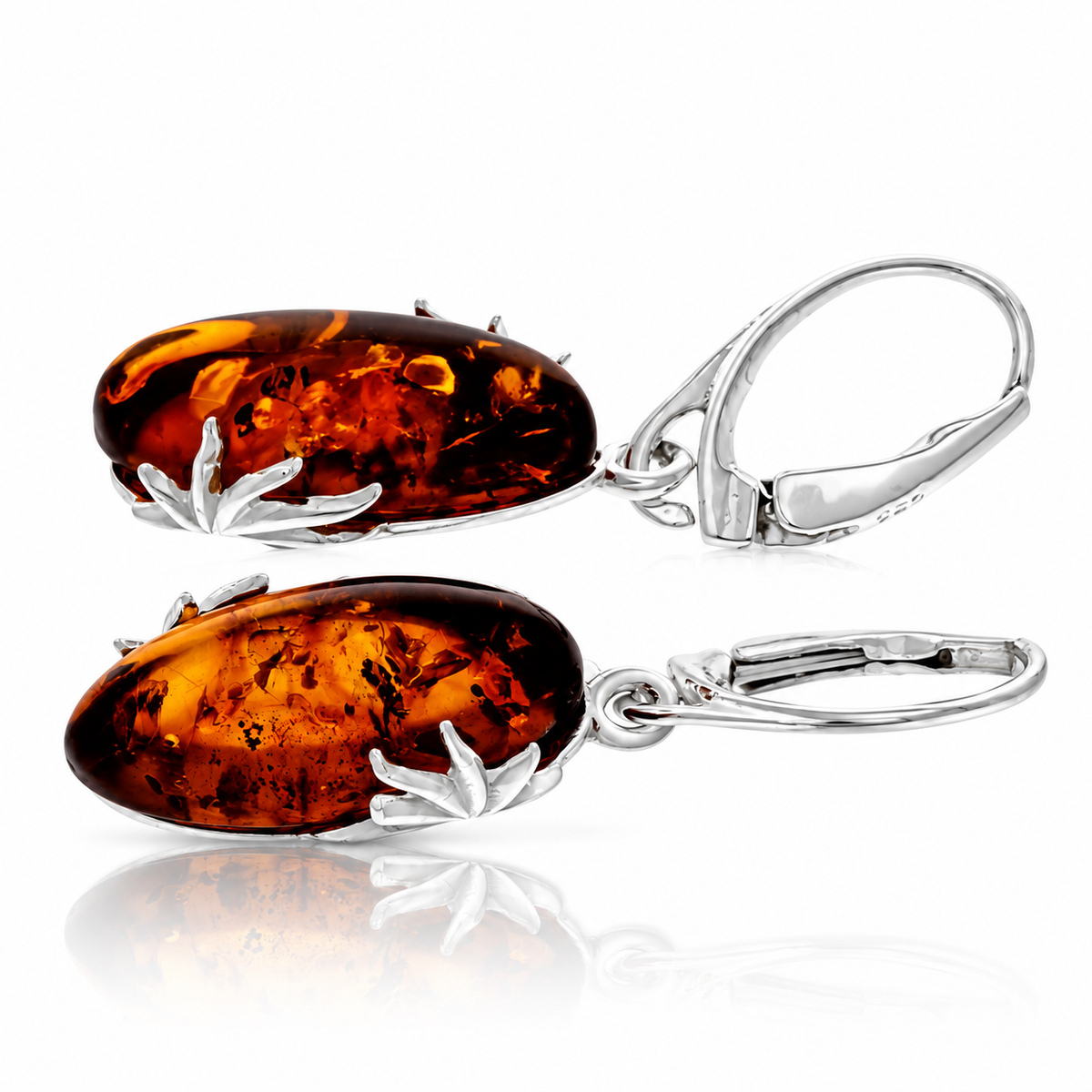 925 Sterling Silver & Genuine Baltic Amber Amber Modern Drop Earrings - 8619