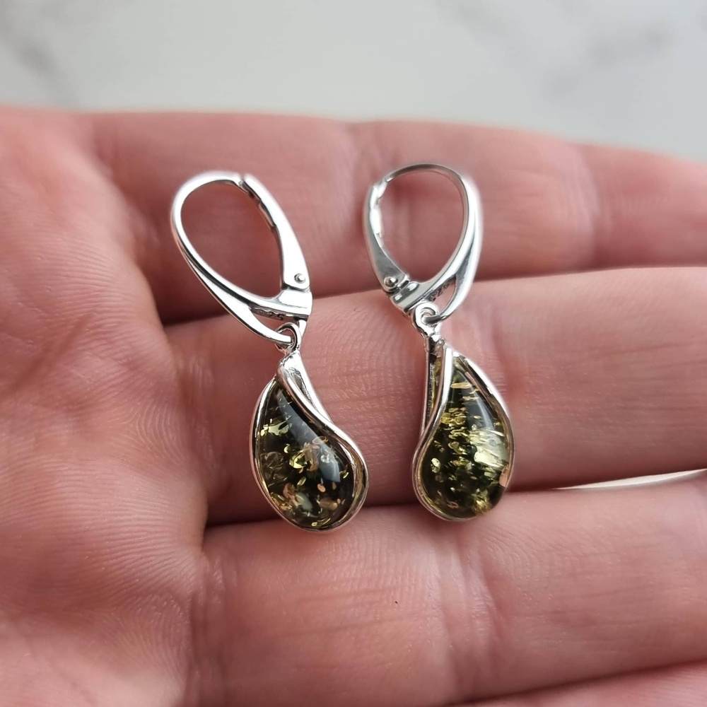 925 Sterling Silver & Baltic Amber Modern Teardrop Drop / Dangle Earrings - G029